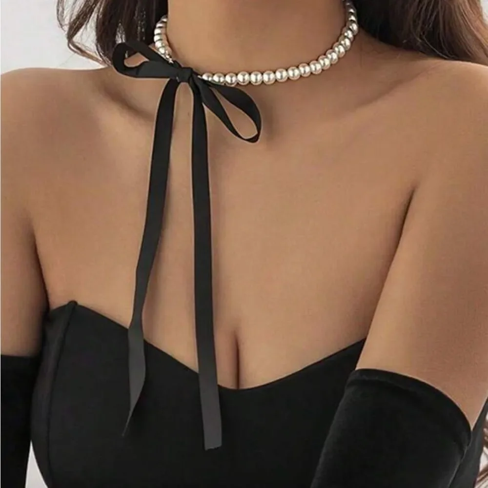 Elegant Pearl Necklace with Red Ribbon R142 - Picture 1 of 2